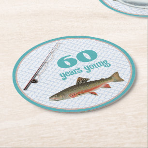 His Birthday Brook Trout Fishing Party Teal Round Paper Coaster