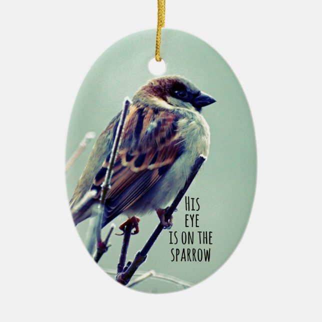 HIs eye is on the Sparrow Ceramic Tree Decoration (Front)