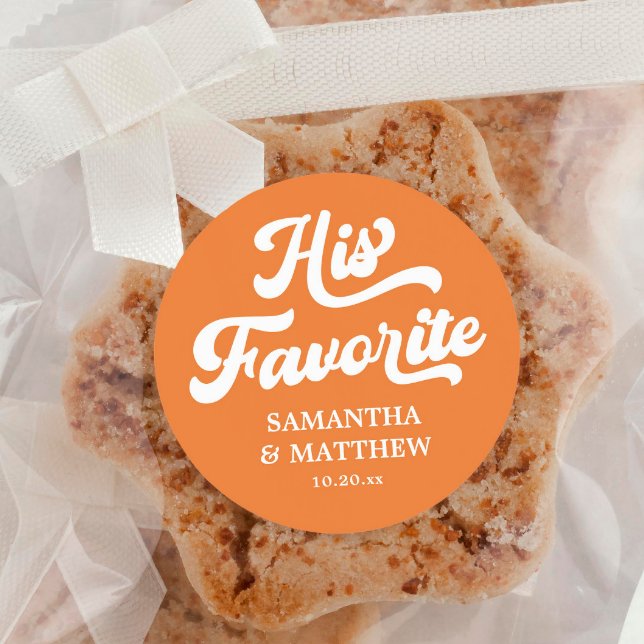 His Favourite Orange Boho Retro 70s Wedding Favour Classic Round Sticker (Creator Uploaded)