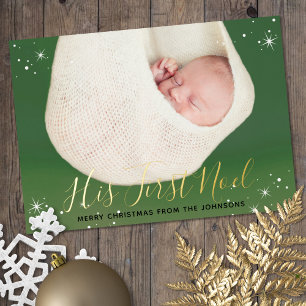 His First Noel Baby's First Christmas Photo  Foil Holiday Card