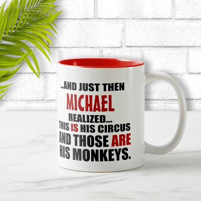 (His) Funny Personalised Circus Monkeys Two-Tone Coffee Mug (Creator Uploaded)