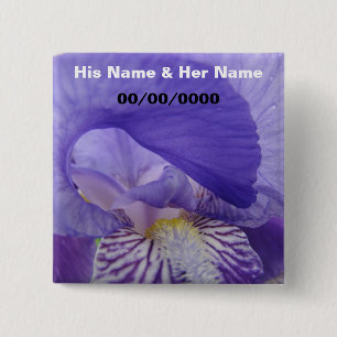 His & Her Name buttons Wedding Date Irises Floral