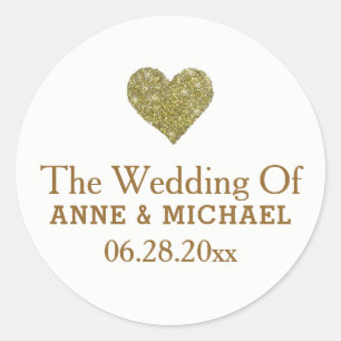 his + her names & faux gold heart . wedding classic round sticker