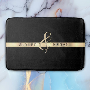 His & Her Names, Gold Stripe on Black Bath Mat