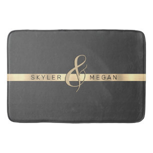 His & Her Names, Gold Stripe on Dark Grey Bath Mat