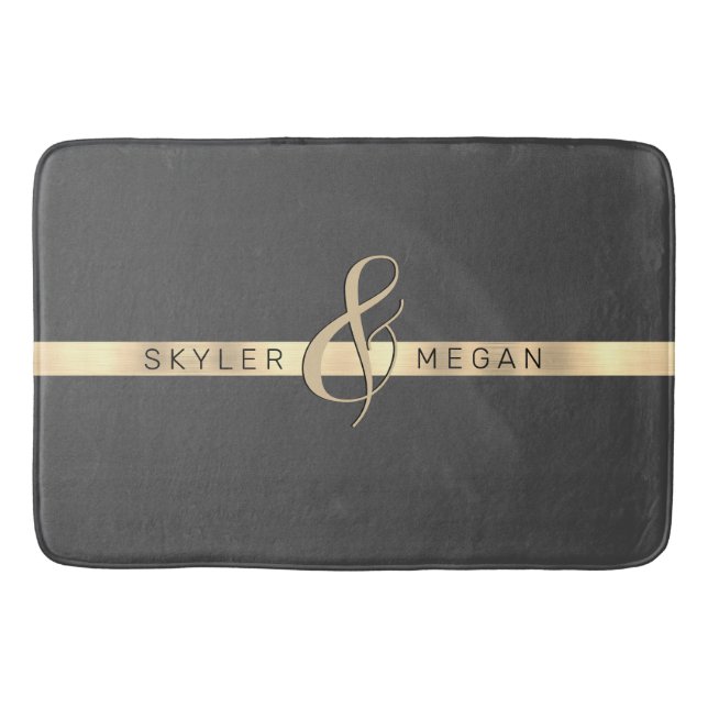 His & Her Names, Gold Stripe on Dark Grey Bath Mat (Front)