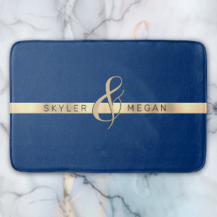 His & Her Names, Gold Stripe on Royal Blue Bath Mat