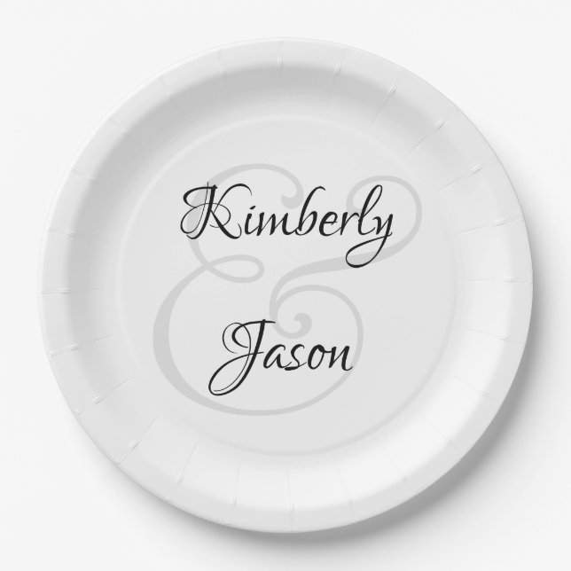 His & Her Script Names, Black & Grey Paper Plate (Front)