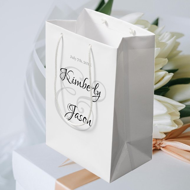 His & Her Script Names & Date, Black & Grey Medium Gift Bag (Creator Uploaded)