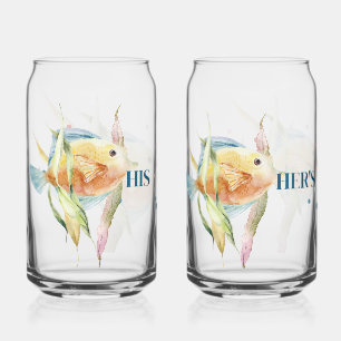 HIS & HER'S BEACH TOWN, WATERCOLOR TROPICAL FISH CAN GLASS