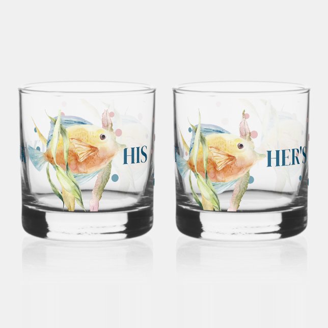 HIS & HER'S BEACH TOWN, WATERCOLOR TROPICAL FISH WHISKEY GLASS (Back)