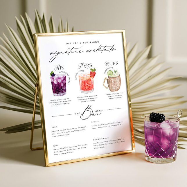 His Hers & Ours Watercolor Signature Cocktail Menu Poster (His Hers & Ours Watercolor Signature Cocktail Menu Poster)