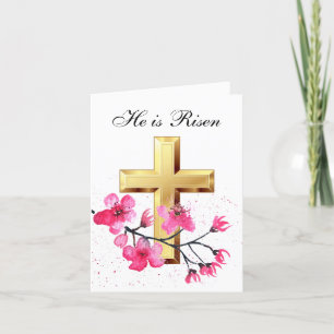 His is Risen Watercolor Easter Blossom Cross Thank You Card