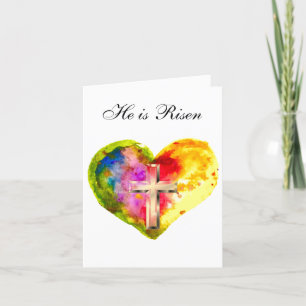 His is Risen Watercolor Easter Heart Cross Thank You Card