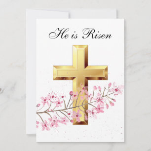 His is Risen Watercolor Easter Pink Blossom Cross Invitation