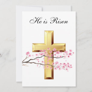 His is Risen Watercolor Easter Pink Blossom Cross Invitation