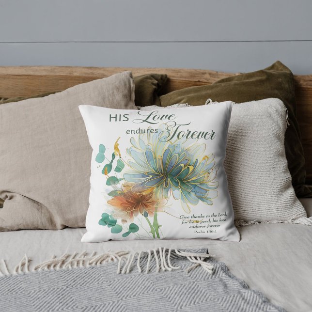 His Love Endures Forever Psalm 136 Scripture White Cushion (Creator Uploaded)