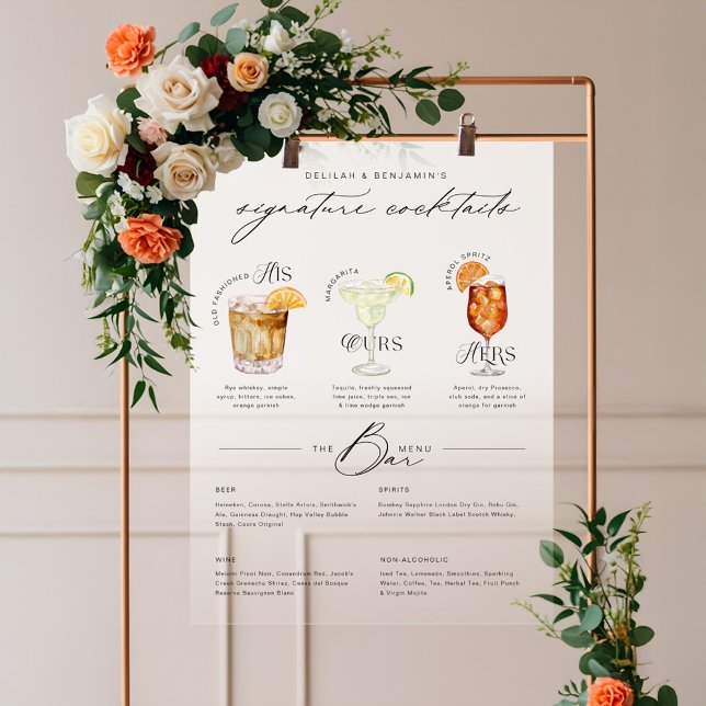His Ours & Hers Watercolor Signature Cocktail Menu Acrylic Sign (His Ours & Hers Watercolor Signature Cocktail Menu Acrylic Sign)