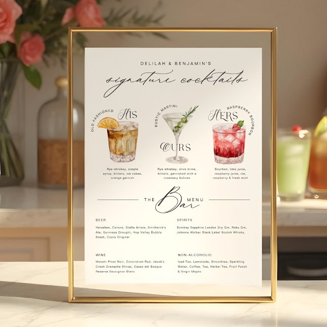 His Ours & Hers Watercolor Signature Cocktail Menu Poster (His, Ours & Hers Watercolor Signature Cocktail Menu Poster)