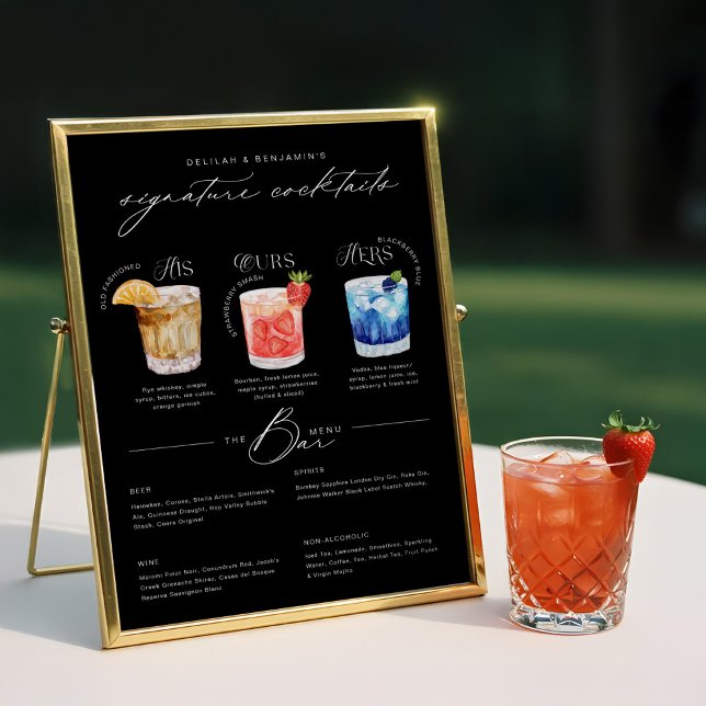 His Ours & Hers Watercolor Signature Cocktail Menu Poster (His Ours & Hers Watercolor Signature Cocktail Menu Poster)