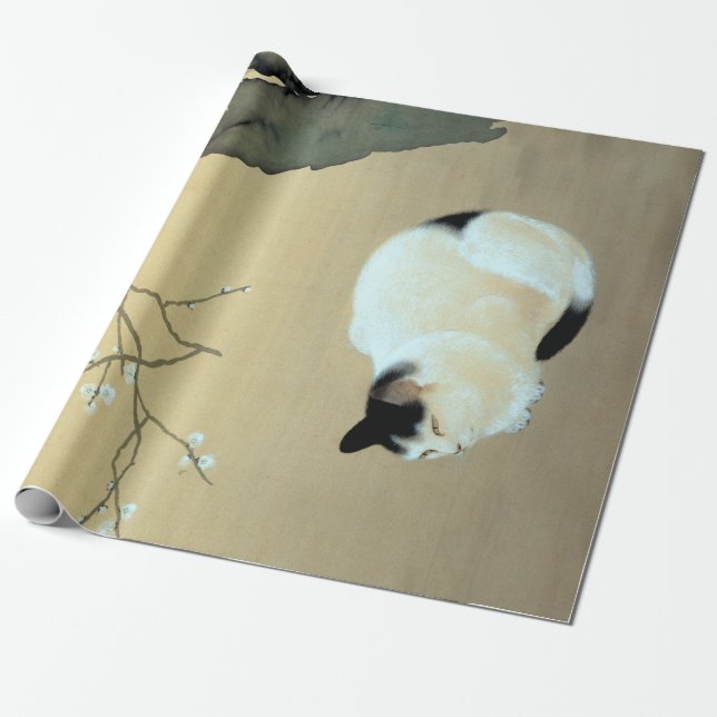 Hishida Shunso Cat and Plum Blossoms Wrapping Paper (Unrolled)
