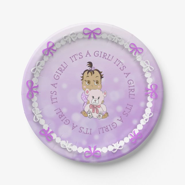Hispanic Baby Girl Holding Teddy Bear Baby Shower Paper Plate (Front)