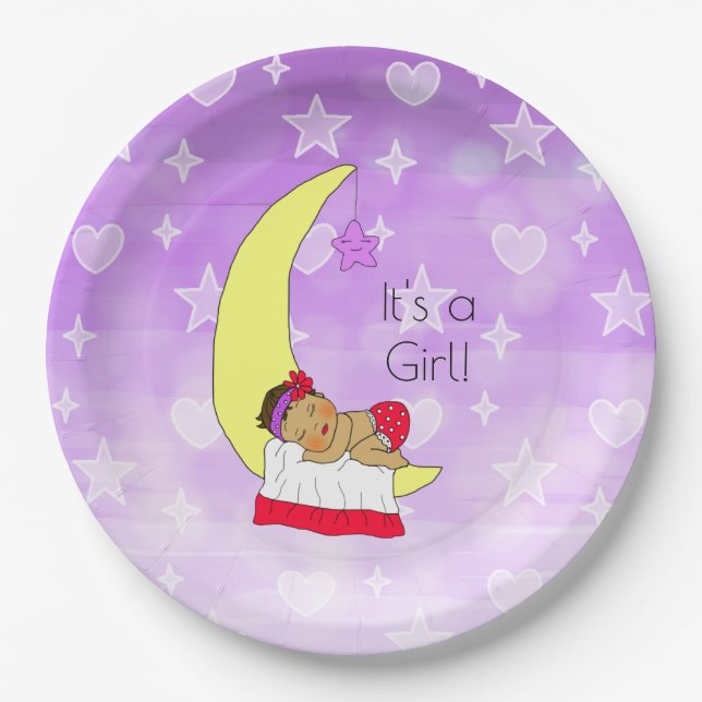 Hispanic Baby Girl Sleeping on Moon Baby Shower Paper Plate (Front)