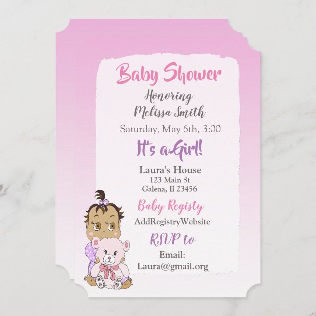 Hispanic Baby Girl with Teddy Bear Baby showier Invitation (Front/Back)