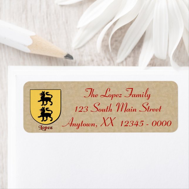 Hispanic Surname Lopez Heraldic Shield Return Address Label (Insitu)