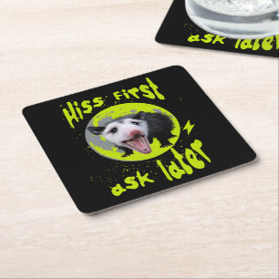 Hiss First Ask Later Funny Opossum Humour Square Paper Coaster