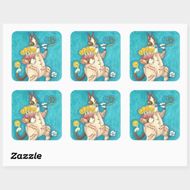 HISS N' FITZ CAT IN BIRTHDAY SUIT, CAKE & CANDLES SQUARE STICKER (Sheet)