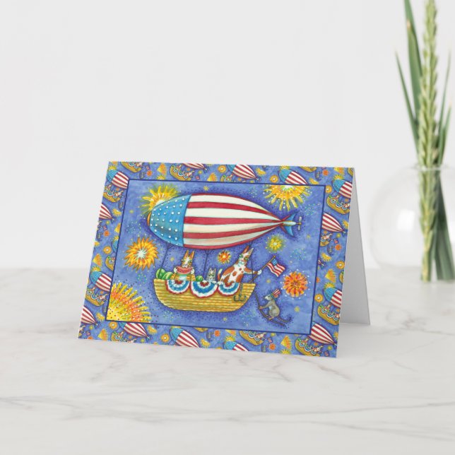 HISS N' FITZ CATS 4TH OF JULY ZEPPELIN Funny Holiday Card (Front)