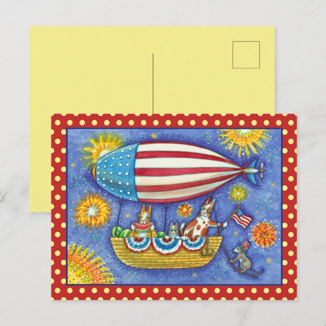 HISS N' FITZ CATS 4TH OF JULY ZEPPELIN Funny Holiday Postcard (Front/Back)