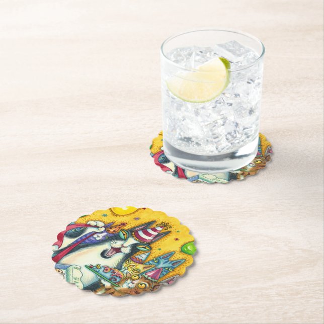 HISS N' FITZ CATS, KITTENS, MICE, FUNNY BIRTHDAY PAPER COASTER (Insitu)