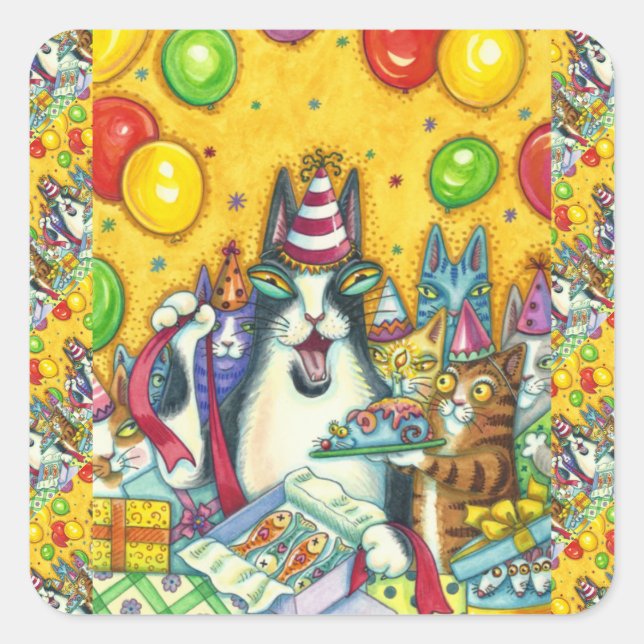 HISS N' FITZ CATS, KITTENS, MICE, FUNNY BIRTHDAY SQUARE STICKER (Front)