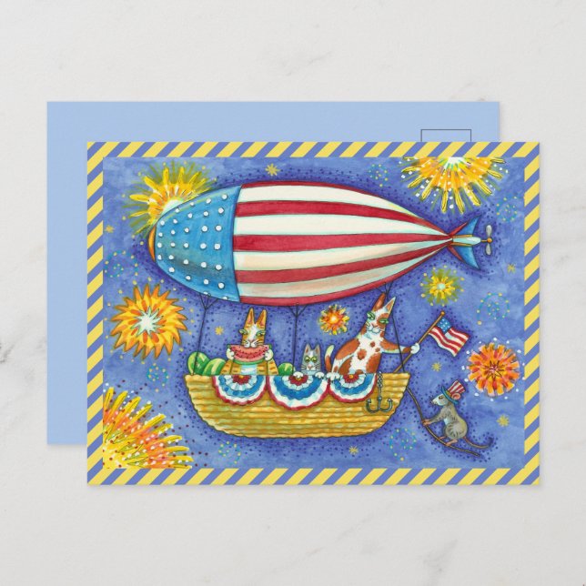 HISS N' FITZ CATS & MOUSE IN 4TH OF JULY ZEPPELIN HOLIDAY POSTCARD (Front/Back)