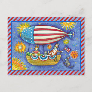 HISS N' FITZ CATS & MOUSE IN 4TH OF JULY ZEPPELIN HOLIDAY POSTCARD