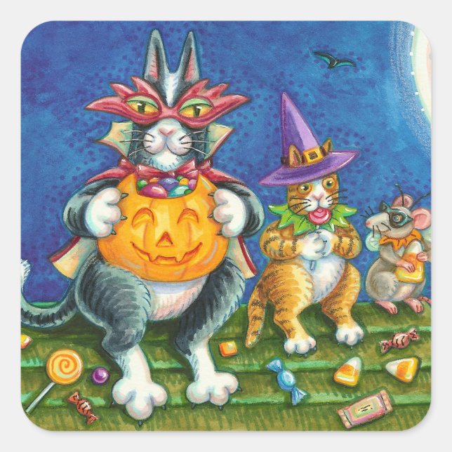 HISS N' FITZ CATS, TRICK OR TREAT FUNNY HALLOWEEN SQUARE STICKER (Front)