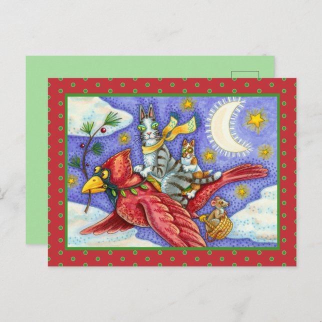 HISS N' FITZ FUNNY CATS, GIANT CHRISTMAS CARDINAL  HOLIDAY POSTCARD (Front/Back)