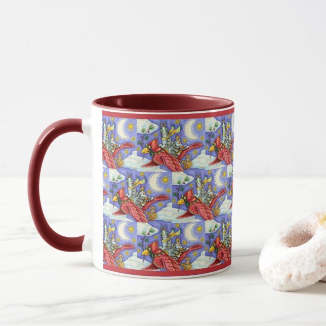 HISS N' FITZ FUNNY CATS, GIANT CHRISTMAS CARDINAL  MUG (With Donut)