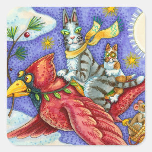 HISS N' FITZ FUNNY CATS, GIANT CHRISTMAS CARDINAL SQUARE STICKER