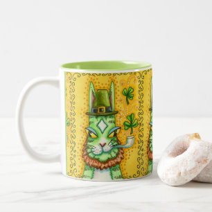 HISS N' FITZ LEPRECHAUN, ST. PADDY'S DAY FUNNY CAT Two-Tone COFFEE MUG