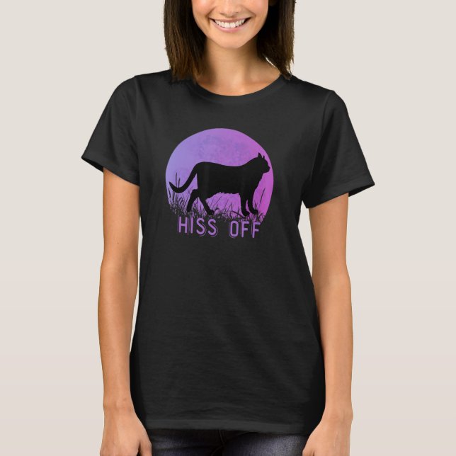 Hiss Off Meow Retro Sunset Style Black Kitty Cat T-Shirt (Front)