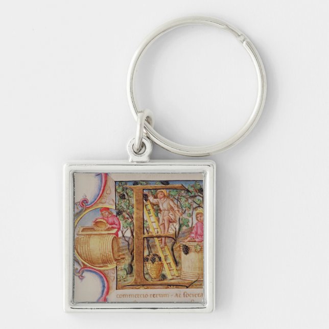 Historiated initial 'E' depicting grape picking Key Ring (Front)