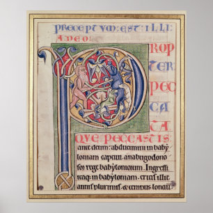 Historiated initial 'P' depicting a boar hunt Poster