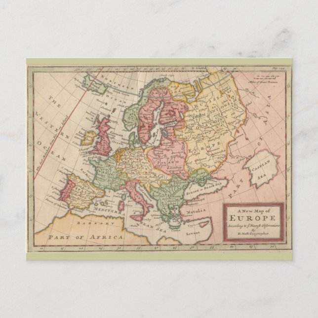 Historic 1721 Map of Europe Postcard (Front)