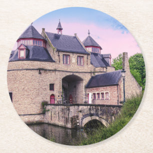 Historic city gate in Bruges Round Paper Coaster