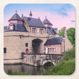 Historic city gate in Bruges Square Paper Coaster