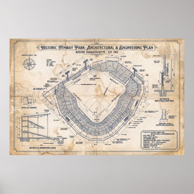 Historic Fenway Park 1912 Blueprint Poster (Front)