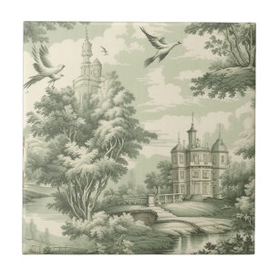 Historic Green French Scenic Toile Pattern Ceramic Tile